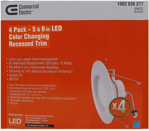 Packaging for 4-pack of 5/6 Inch Matte White LED Recessed Trim, color temperature select, dimmable downlight.