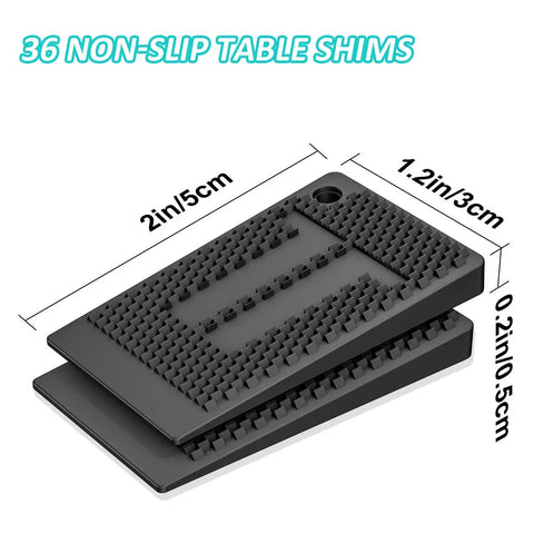 Close-up of 36-piece plastic leveling shims set, black shims in various sizes with textured surface for DIY furniture leveling.