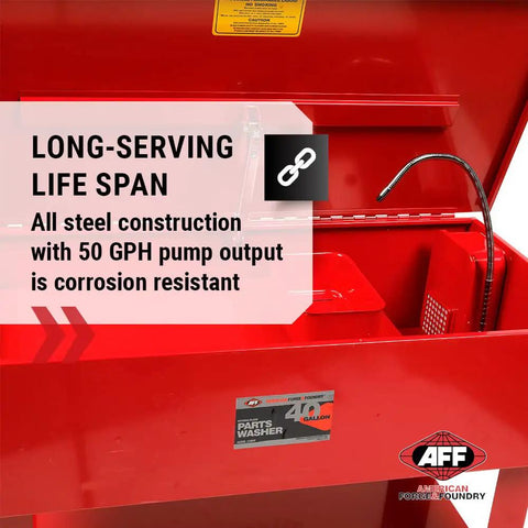 Heavy Duty 40 Gallon Parts Washer With 22 Gal Tank Capacity And Flexible Spray Wand No Nonsense Shop Beast For Cutting Through Grease On Tools And Vehicle Parts Includes Shelf Basket And Scrub Brush, featuring all steel construction and flexible spray wand.