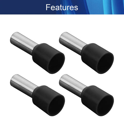 Heavy Duty 250 Pack Of Preinsulated Copper Wire Ferrule Connectors For Quick Plug And Play Electrical Jobs Featuring Slick Crimp Terminals Upgraded For Ve1012 Wires, showing four black and silver ferrule connectors.