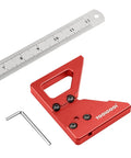 Boss Grade Circle Center Finder Tool For Woodworking And Carpentry Features Adjustable Ruler Plus Secure Locking Screw with red aluminum base and ruler.