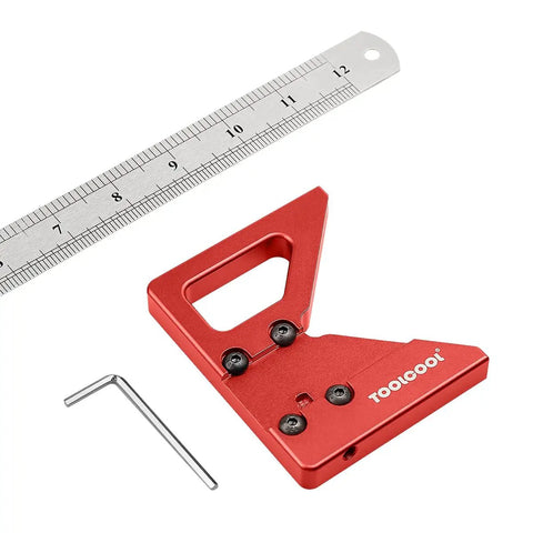 Boss Grade Circle Center Finder Tool For Woodworking And Carpentry Features Adjustable Ruler Plus Secure Locking Screw with red aluminum base and ruler.