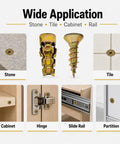6x14mm Short Expansion Cabinet Hinge Repair Screws And Anchors Kit showing application on tile, stone, cabinet, rail, and partition