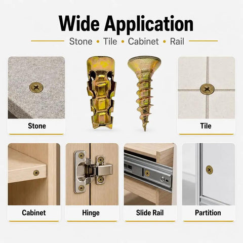 6x14mm Short Expansion Cabinet Hinge Repair Screws And Anchors Kit showing application on tile, stone, cabinet, rail, and partition