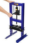 Person operating 6 Ton H Frame Shop Hydraulic Press With Two Press Plates Heavy Duty Garage Ready Auto Repair Machine Adjustable Pressure Overload
