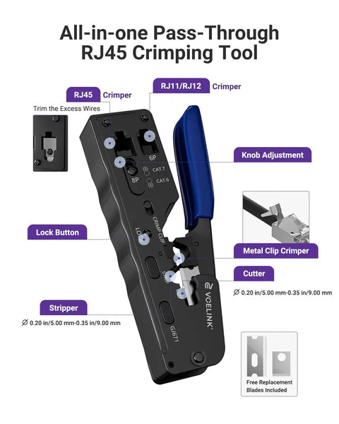 Front view of RJ45 Crimp Tool Kit For Pass-Through Ethernet Connectors Cat7 Cat6a Cat6 Cat5e Cat5 highlighting features.