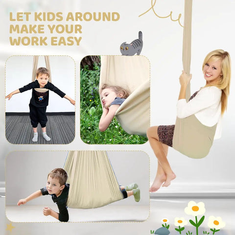 Children using Kid Friendly Sensory Swing For Indoor And Outdoor Use 300 Lb Weight Capacity Hanging Therapy Swing with playful designs.
