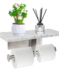 Wall Mounted Toilet Paper Holder With Natural Marble Shelf For Mega Rolls, Brushed Nickel Finish, Heavy Duty Bathroom Organizer