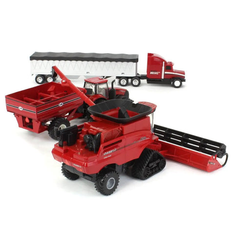 1 To 64 Scale 8250 Combine Harvesting Tractor And Truck Set With 12 Row Corn Head And Grain Head Diecast with Rubber Wheels