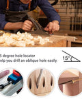 Heavy Duty Self Centering Doweling Jig Kit With Pocket Inclined Hole Drill Guide and 6 8 10 Millimeter Metric Dowel Positioner Locator Kit for Top Shelf Woodworking Builds in use with 15 degree hole locator.