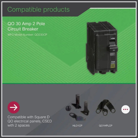 Qwik Open 30 Amp Mini Circuit Breaker, 2 Pole, 120/240V AC, 10kA Breaking Capacity, Plug In Mount, Model QO230CP shown.