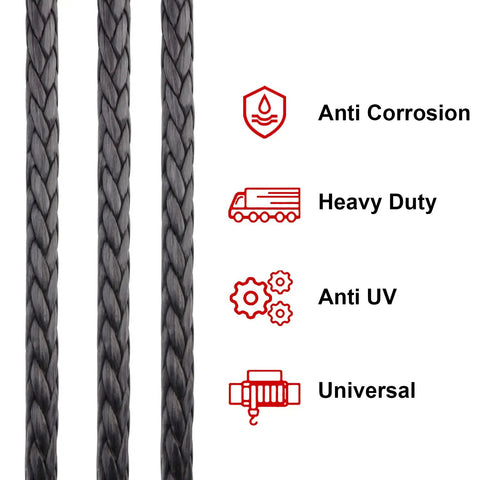 Close-up of Beefed Up Heavy Duty Synthetic Winch Rope Three Eighths Inch Diameter Ninety Two Feet Long For 25000 Lb Recovery, anti-corrosion feature.
