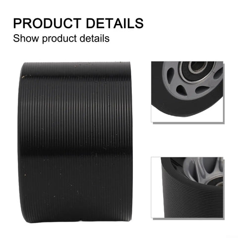 Close-up of black quad skate wheels showing texture, bearings, and structure, part of 8 Pack 58Mm By 39Mm Indoor Quad Roller Skate Wheels.