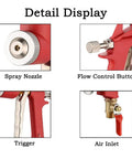 Detail display of Heavy Duty Aluminum Air Hopper Spray Gun With Quick Swap Nozzles, showing spray nozzle, flow control, trigger, air inlet.