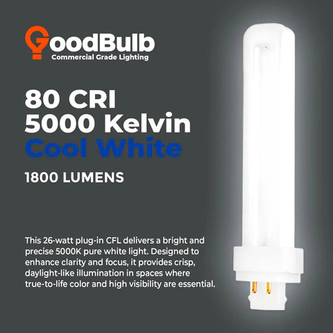 G24Q-3 4 Pin CFL Light Bulbs 26 Watt Daylight 5000K 1800 Lumens Double Tube Plug In Easy Install 10 Pack displayed