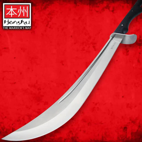 Naginata Japanese Polearm Sword With Sheath Satin Finished 18 Inch 7Cr13 Stainless Steel Blade close-up against red background