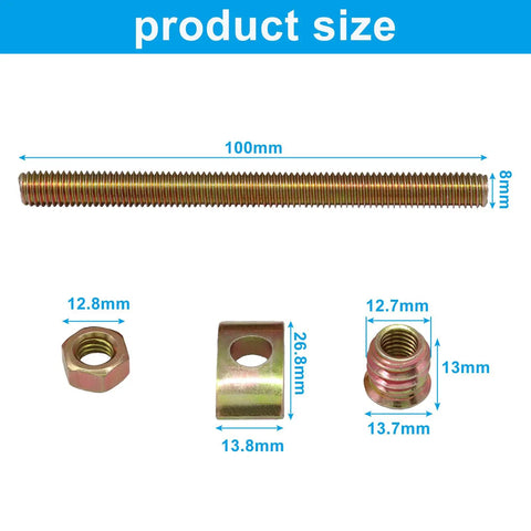 Heavy Duty Bed Frame Repair Kit 12 Piece Set M8 Steel Connectors showing threaded bolt and brass connectors with dimensions.