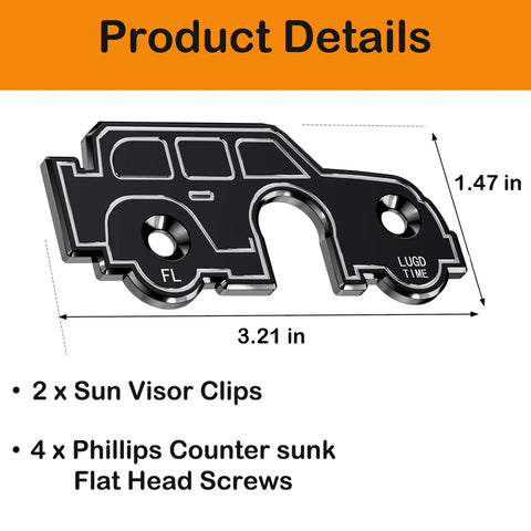 Top Shelf Kickin Sun Visor Repair Kit For Jeep Wrangler JL JK and Gladiator Vehicles 2018 to 2023 metal clip detail with dimensions.