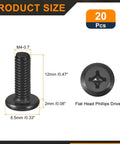 Twenty Pack M4 X 12Mm Flat Round Head Machine Screws With Phillips Drive For Furniture Hardware showing screw dimensions and features.