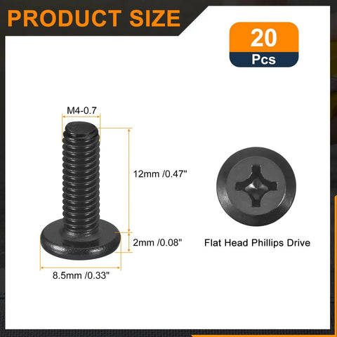 Twenty Pack M4 X 12Mm Flat Round Head Machine Screws With Phillips Drive For Furniture Hardware showing screw dimensions and features.