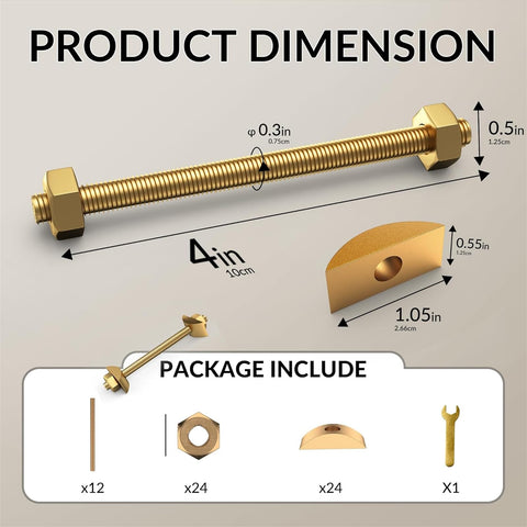 Dimensions and components of Sturdy M8x100mm Flipped Connector Set 6 Pieces With Hex Nuts, Washers, And Tool for furniture assembly.