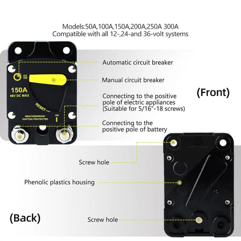 Manual Reset Circuit Breaker 300A High Amperage Switch For Truck Boat Trolling Motor Car Stereo Systems Solar Panels Battery Backup And RV Power Distribution Blocks Rig Ready, front and back view, phenolic plastics housing.