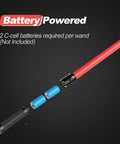 4 Pack 21 Inch LED Traffic Wands With Two Flashing Modes, showing battery compartment and C-cell battery requirement.