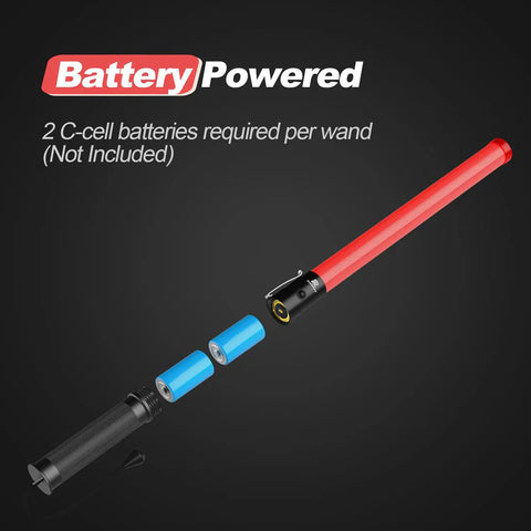 8 Pack 21 Inch LED Traffic Wand With Side Clip For Airport Parking And Car Directing Highly Visible Safety Light Wands With 2 Flashing Modes battery compartment open