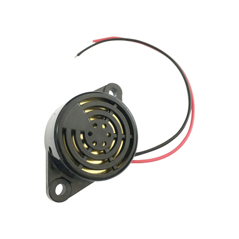 Black plastic speaker component with red and black wires, part of a 600 Pound Magnetic Door Lock Kit With Remote Control, 12V Fail Safe NC Mode, Easy DIY Installation For Smart Home Entry, Boss Level Security Lock For Home Or Office, Secure Access With Simple Setup.