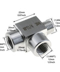 Image of stainless steel street tee pipe fitting with 1/4NPT male to dual 1/4NPT female threads for plumbing and DIY, 304 grade.