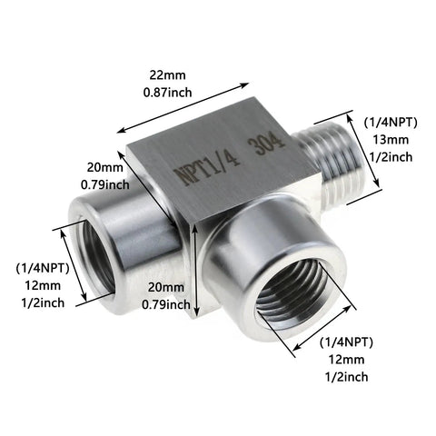 Image of stainless steel street tee pipe fitting with 1/4NPT male to dual 1/4NPT female threads for plumbing and DIY, 304 grade.