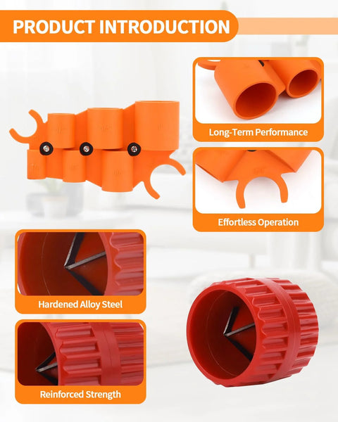Orange pipe deburring tool kit with depth gauge for PVC and metal pipes