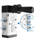 Manual Hand Lever 5 Way 2 Position Pneumatic Valve With G3/8 Inlet and 3/8PT Ports, shown with labeled outputs and exhaust.