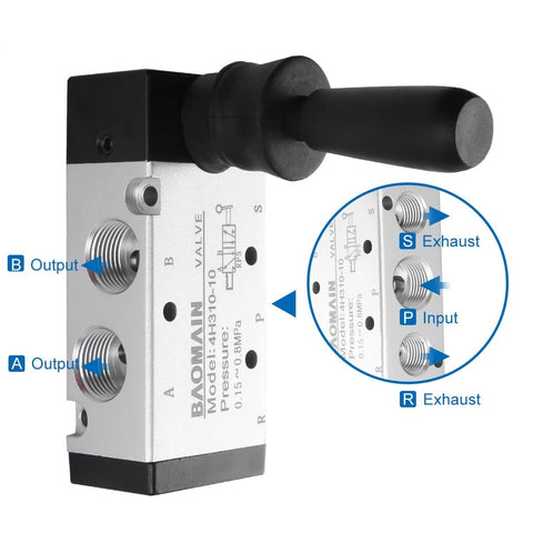 Manual Hand Lever 5 Way 2 Position Pneumatic Valve With G3/8 Inlet and 3/8PT Ports, shown with labeled outputs and exhaust.