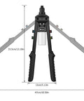Front view of the Beefy Heavy Duty 1/4 Inch Rivet Gun Kit dimensions with two-hand pop rivet tool shown open.