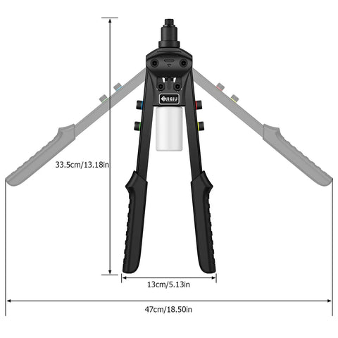 Front view of the Beefy Heavy Duty 1/4 Inch Rivet Gun Kit dimensions with two-hand pop rivet tool shown open.