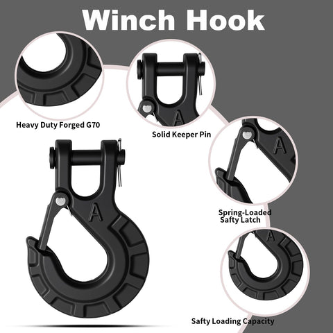 Beefed Up Forged Alloy Steel Clevis Slip Hook With Safety Latch For Heavy Duty Winch And Tow Chains One Quarter Inch 11900 Pound Load Capacity Matte Black Finish Ideal For Truck Trailer Ropes And Cables, close-up with solid keeper pin and safety latch features