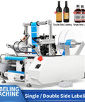 Automatic Round Bottle Labeling Machine Featuring Slick Single And Double Side Sticker Applicator For Glass And Plastic Bottles Delivers Knockout Accuracy At Thirty Five Labels Per Minute Zero Sweat Operation For Streamlined Workflow, angled view with labels.