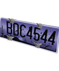 Butterfly Shape License Plate Screws Kit With Two Screw Sizes For Cars And Motorcycles, Titanium Aluminum Finish displayed on plate.