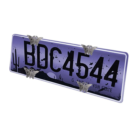 Butterfly Shape License Plate Screws Kit With Two Screw Sizes For Cars And Motorcycles, Titanium Aluminum Finish displayed on plate.