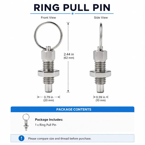 Heavy Duty Self Locking Indexing Plunger With Soft Nylon Twist Thumb Wrap And Reliable Spring Loaded Positioning Pin For Rock Solid Machine Setup And Fast Jig Swaps M8 Pair side and front view of a ring pull pin with dimensions shown.