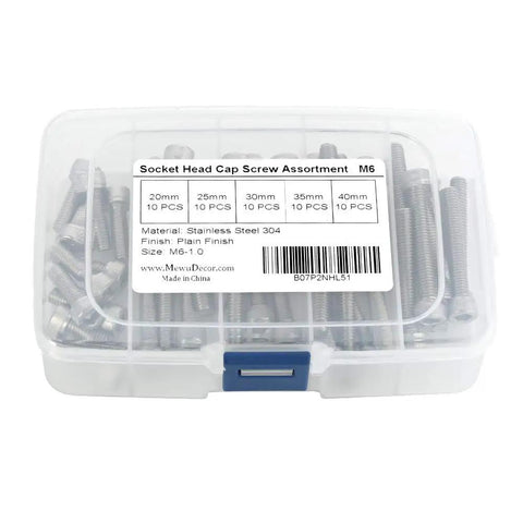 Plastic container with 50 Piece Socket Head Cap Screw Set M6 X 20mm, 25mm, 30mm, 35mm, 40mm Stainless Steel 304 Bright Finish Hex Drive