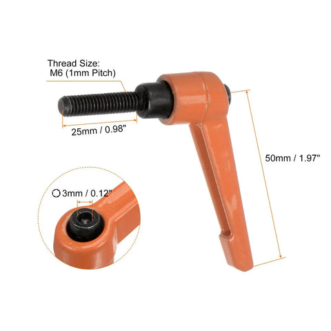 Four Pack Adjustable Clamping Lever Handles M6 25mm Thread 50mm Lever Rotating Quick Release Ratchet Push Button Orange