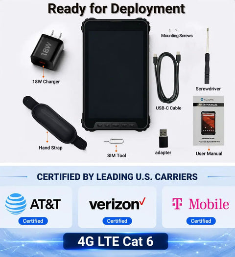 Eight Inch Rugged Android Tablet Built Tough For Warehouse Logistics Crews shown with charger, USB-C cable, hand strap, and user manual.