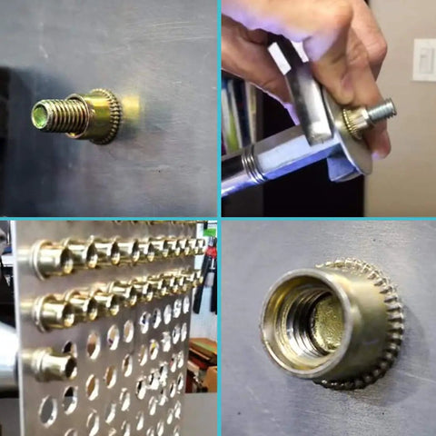 100 Pc 1/4"-20 Unc Rivet Nuts Carbon Steel Zinc Plated Flat Head Knurled Body Threaded Inserts shown mounted in metal panels.