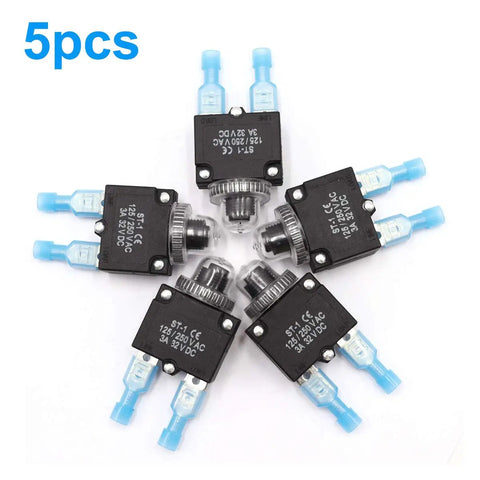 5 Piece 7 Amp Push To Reset Thermal Circuit Breaker Set With Waterproof Button Caps And Quick Connect Terminals 125 250V AC And 32V DC, 5pcs