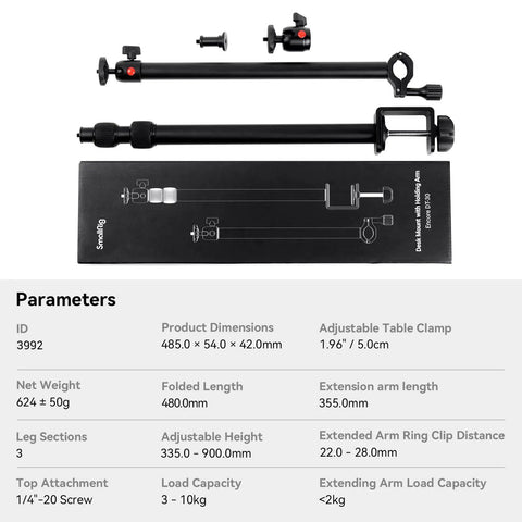 Desk Mount Camera Stand With Magic Arm And One Quarter Inch Ball Head Adjustable 13 To 35 Inch Light Stand components and specs