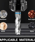 Vierdwin 3-flute carbide end mill, 3/4 in dia, 4 in OAL, shown with aluminum, red copper, wood, nylon materials