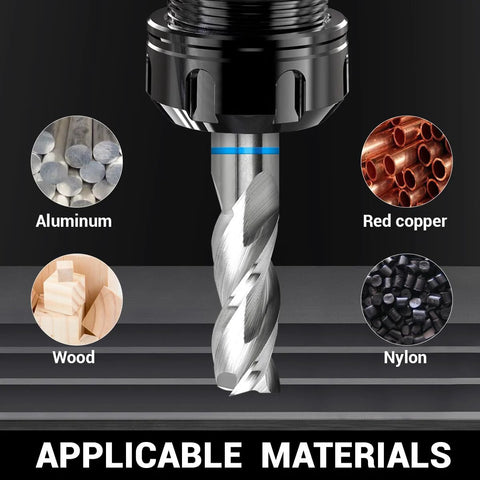 Vierdwin 3-flute carbide end mill, 3/4 in dia, 4 in OAL, shown with aluminum, red copper, wood, nylon materials