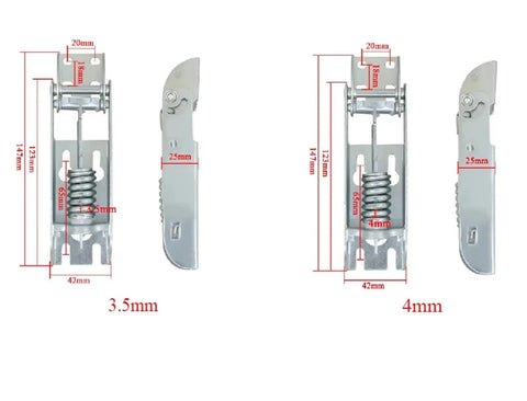 Beefed Up Freezer Door Spring Hinges 4 Pack Top Open Cover Movable, iron construction, 3.5mm and 4mm sizes with measurements